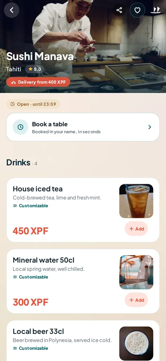 Menu of a raw-fish restaurant in the Fenua’p app