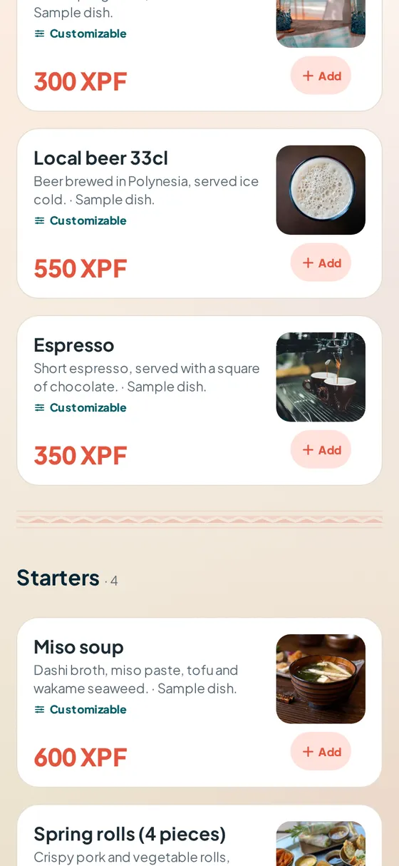 Menu of a raw-fish restaurant in the Fenua’p app