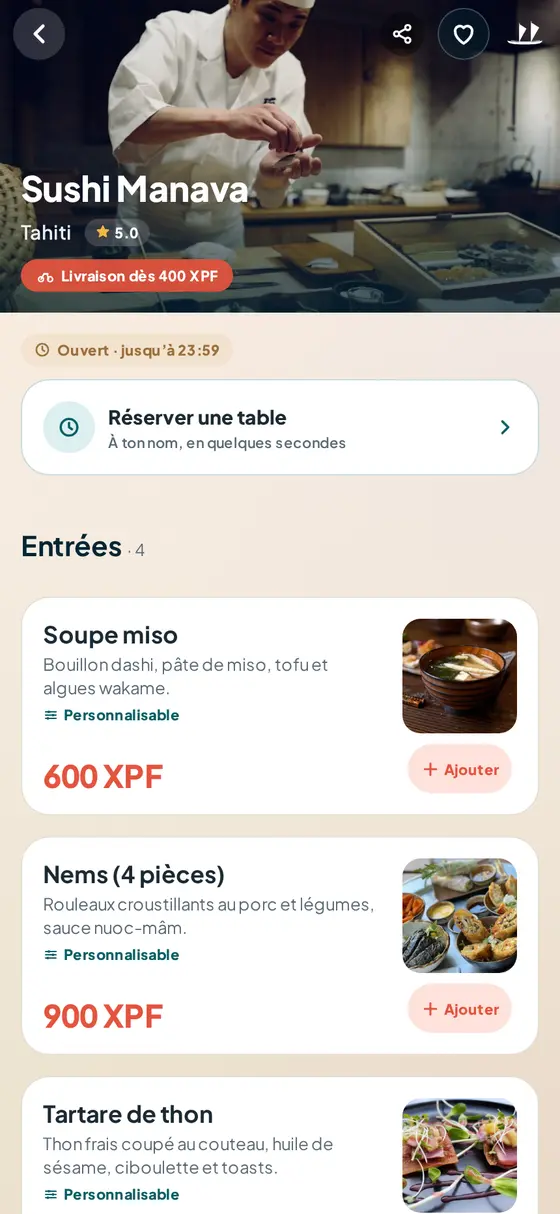 Carte d’un restaurant de poisson cru dans l’app Fenua’p