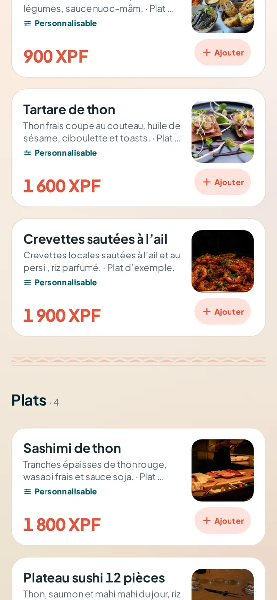 Carte d’un restaurant de poisson cru dans l’app Fenua’p