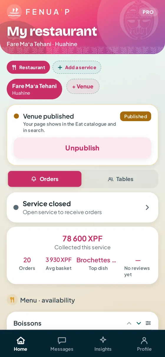 A roulotte’s dashboard in the Fenua’p app: service open, takings for the service and an editable menu