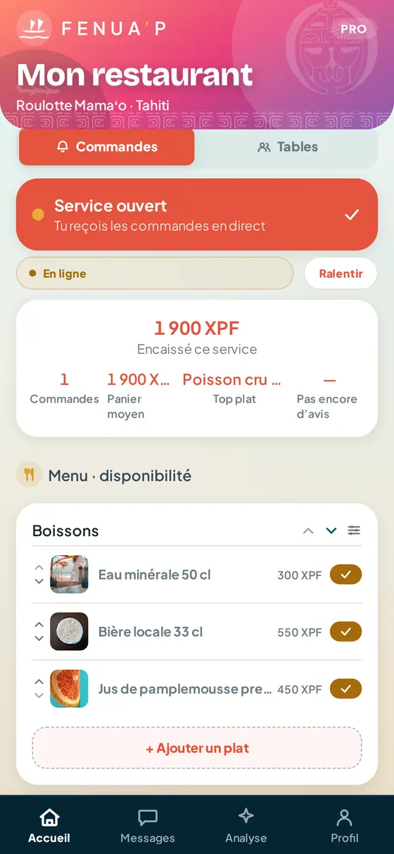Le tableau de bord d’une roulotte dans l’app Fenua’p : service ouvert, encaissement du service et carte modifiable