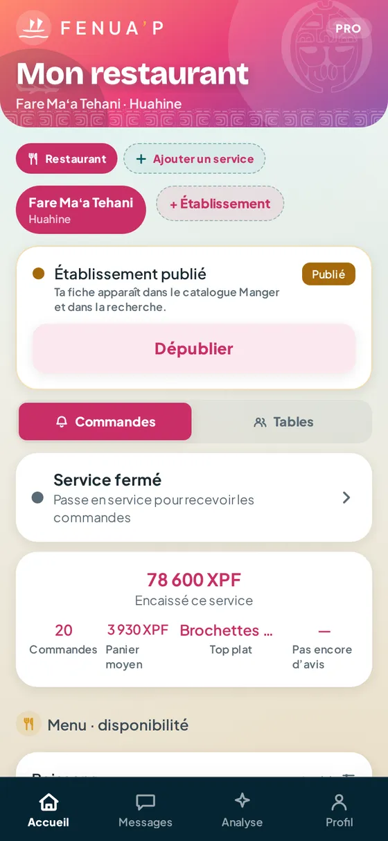Le tableau de bord d’une roulotte dans l’app Fenua’p : service ouvert, encaissement du service et carte modifiable