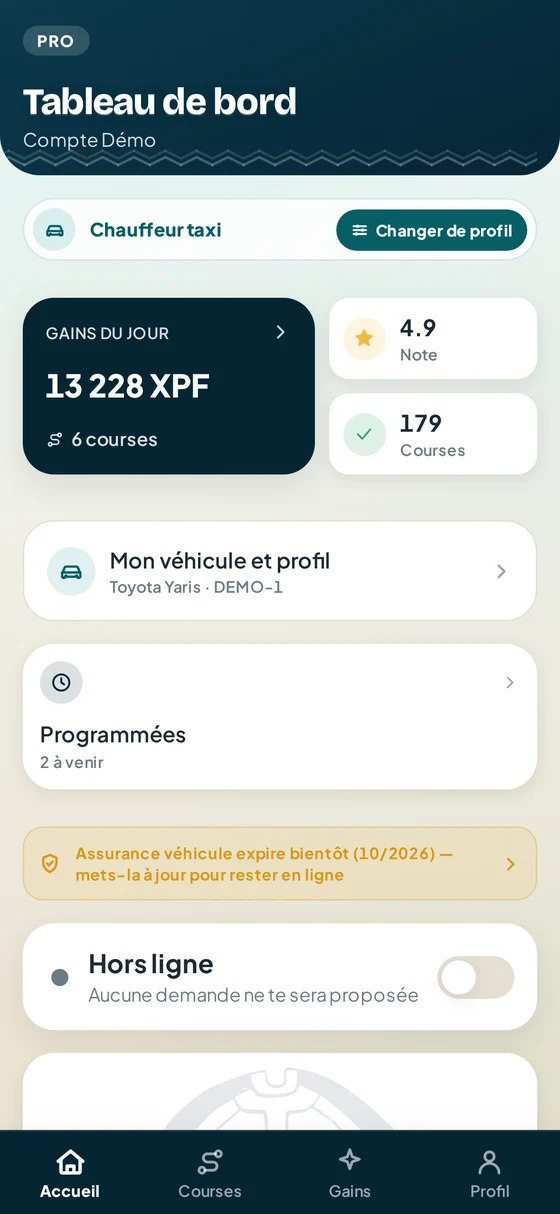 Le tableau de bord du pro dans l’app Fenua’p : gains du jour, note et disponibilité