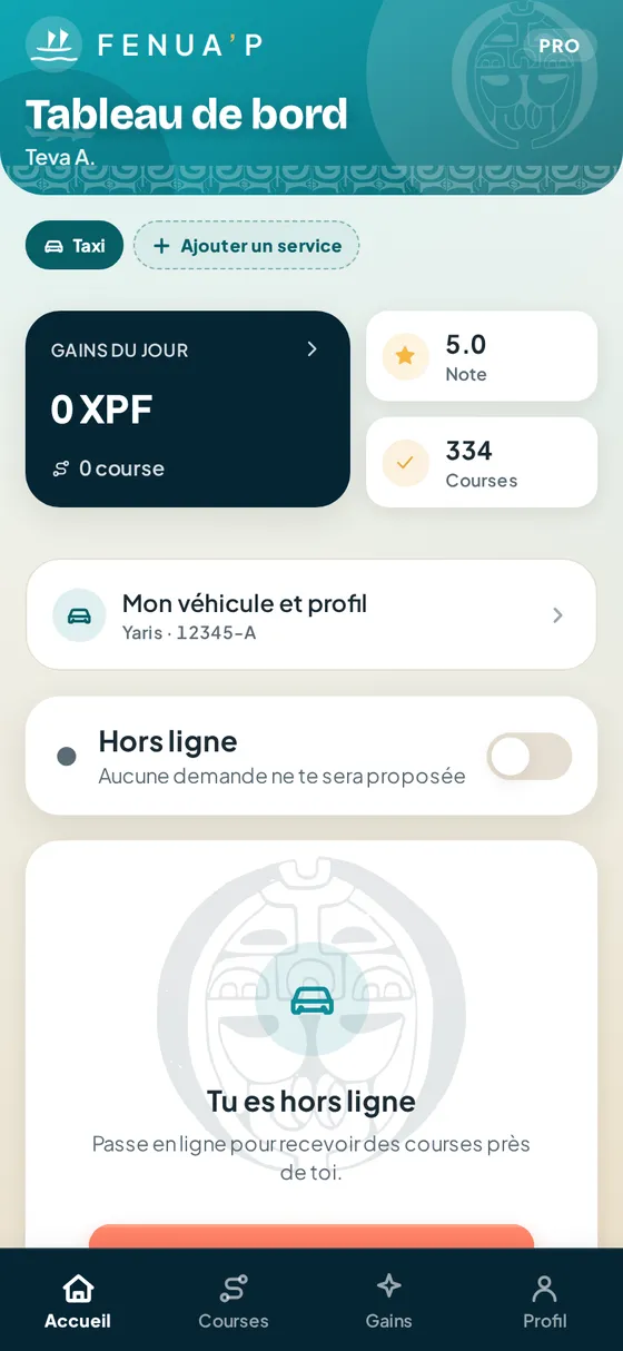Le tableau de bord du pro dans l’app Fenua’p : gains du jour, note et disponibilité